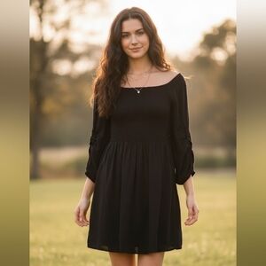 Kobi Halperin Smocked Black Long Sleeve Mini Dress Size L